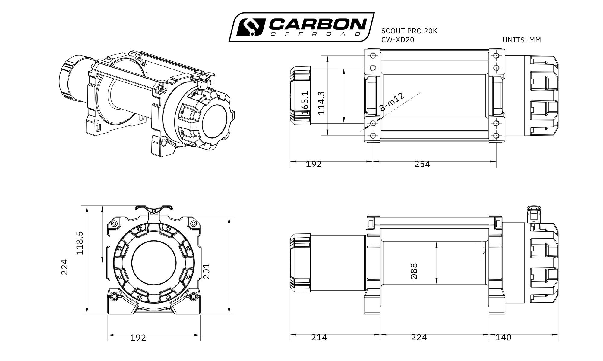 Carbon Scout Pro - 20000lb Extreme Duty Truck Winch 24V product diagram
