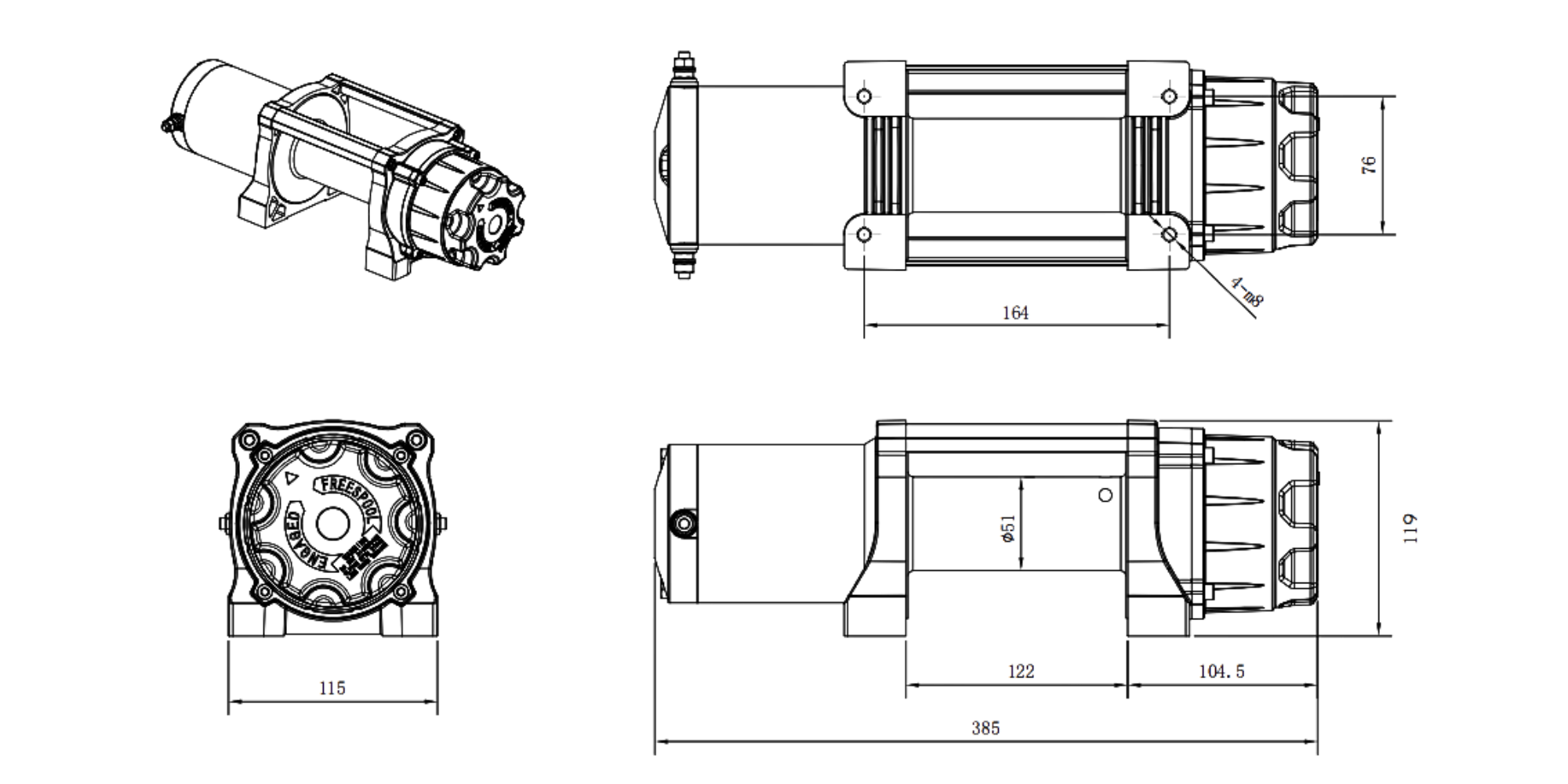 Carbon Offroad 6000lb ATV - Small 4X4 Winch 24V product diagram