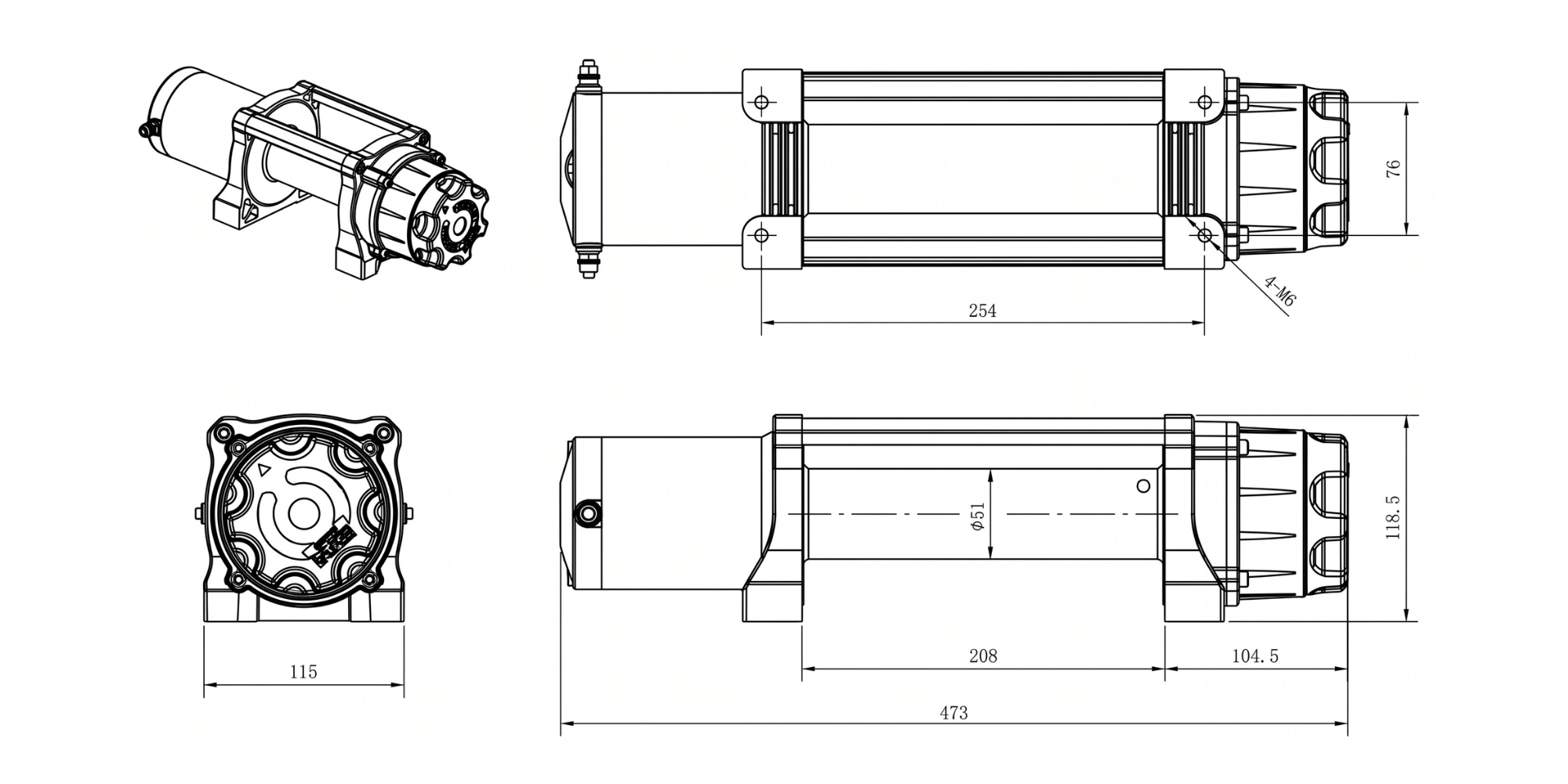 Carbon Offroad Long Drum 6000lb ATV - Small 4X4 Winch product diagram