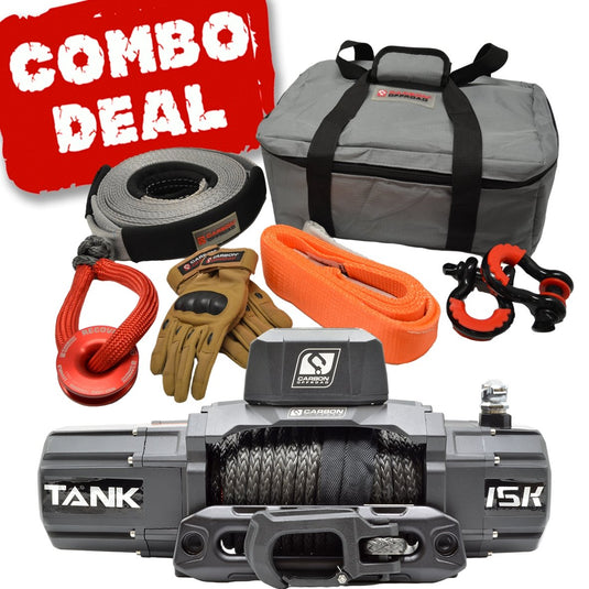 Carbon Tank 15000lb 4x4 Winch Kit IP68 12V and Recovery Combo Deal - Carbon Offroad