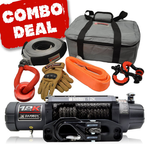 Carbon V.3 12000lb Winch Black Hook and Recovery Combo Deal - Carbon Offroad